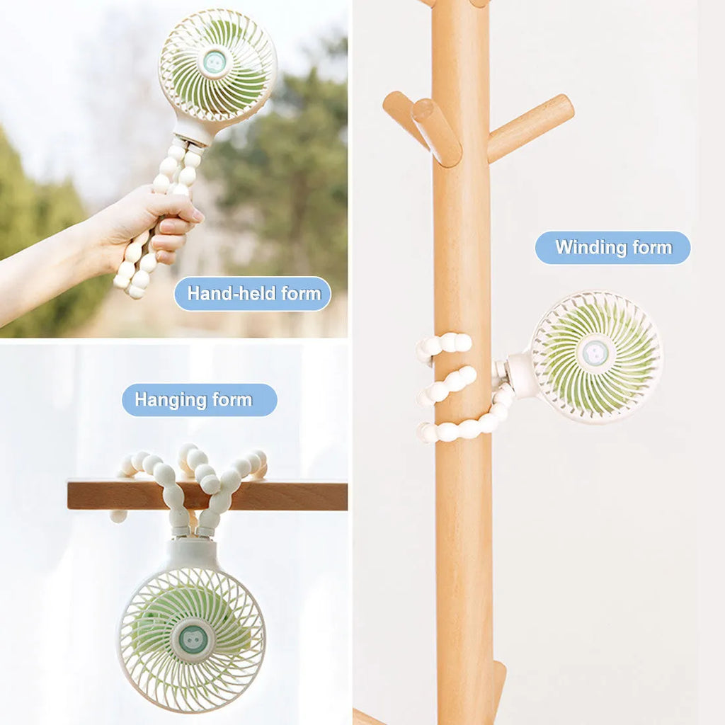 Octopus deformed folding fan with flexible tentacle legs in white, USB rechargeable, 2000mAh battery