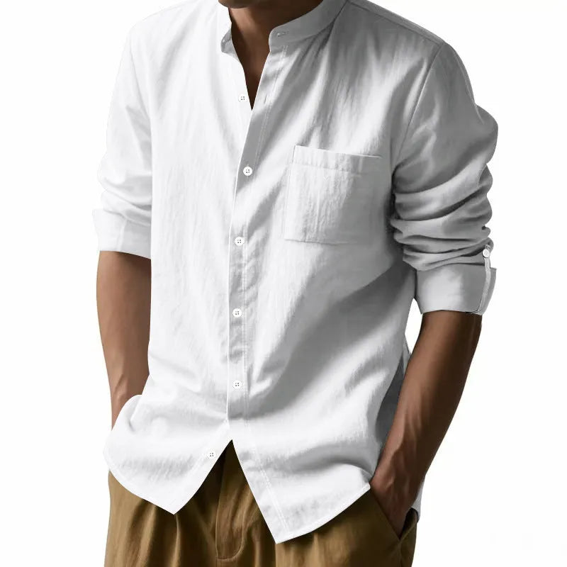 Men's linen long sleeve stand collar shirt with pockets, casual cardigan top in light blue, khaki, white, black or dark grey, sizes S to XXXL.