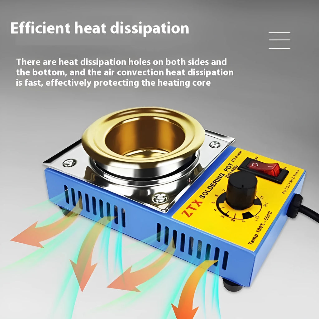 Desktop adjustable temperature tin melting furnace with thermostat dial and titanium-plated crucible.