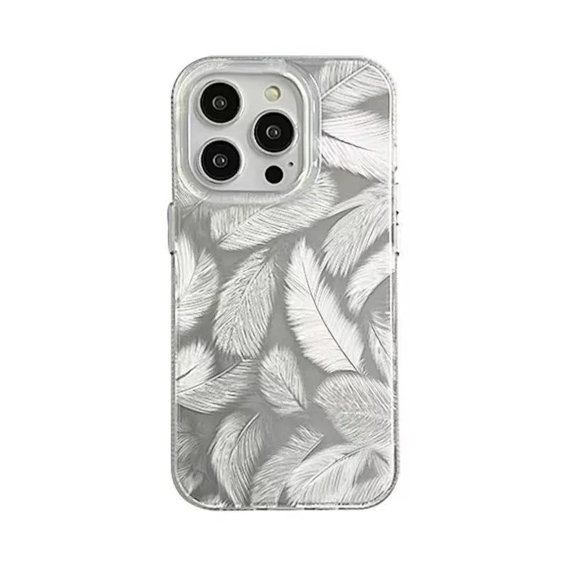 Silver grey feather pattern gradient phone case with three-dimensional relief for iPhone models