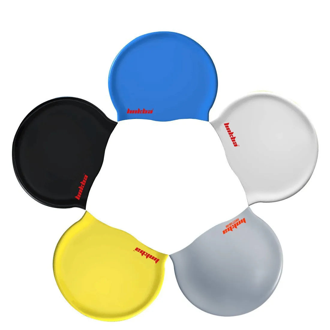 Silicone swimming cap with waterproof earmuffs shown in multiple colour options.