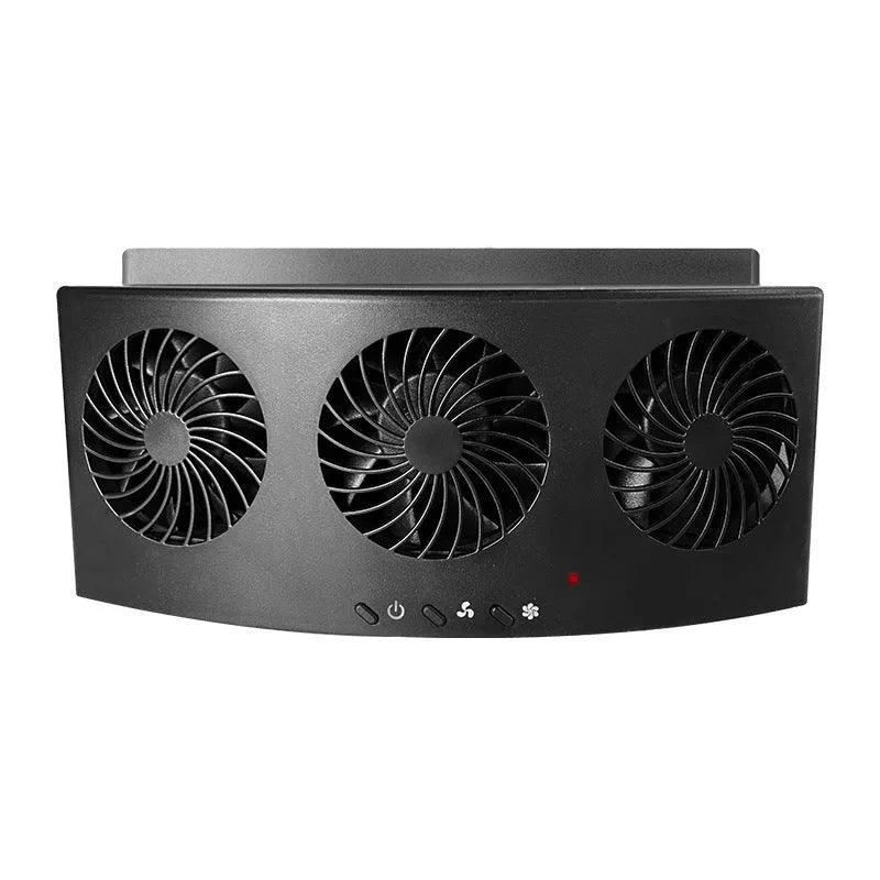 Black and white USB-powered car ventilation fan for exhaust of interior heat and odours with 1.5m cable