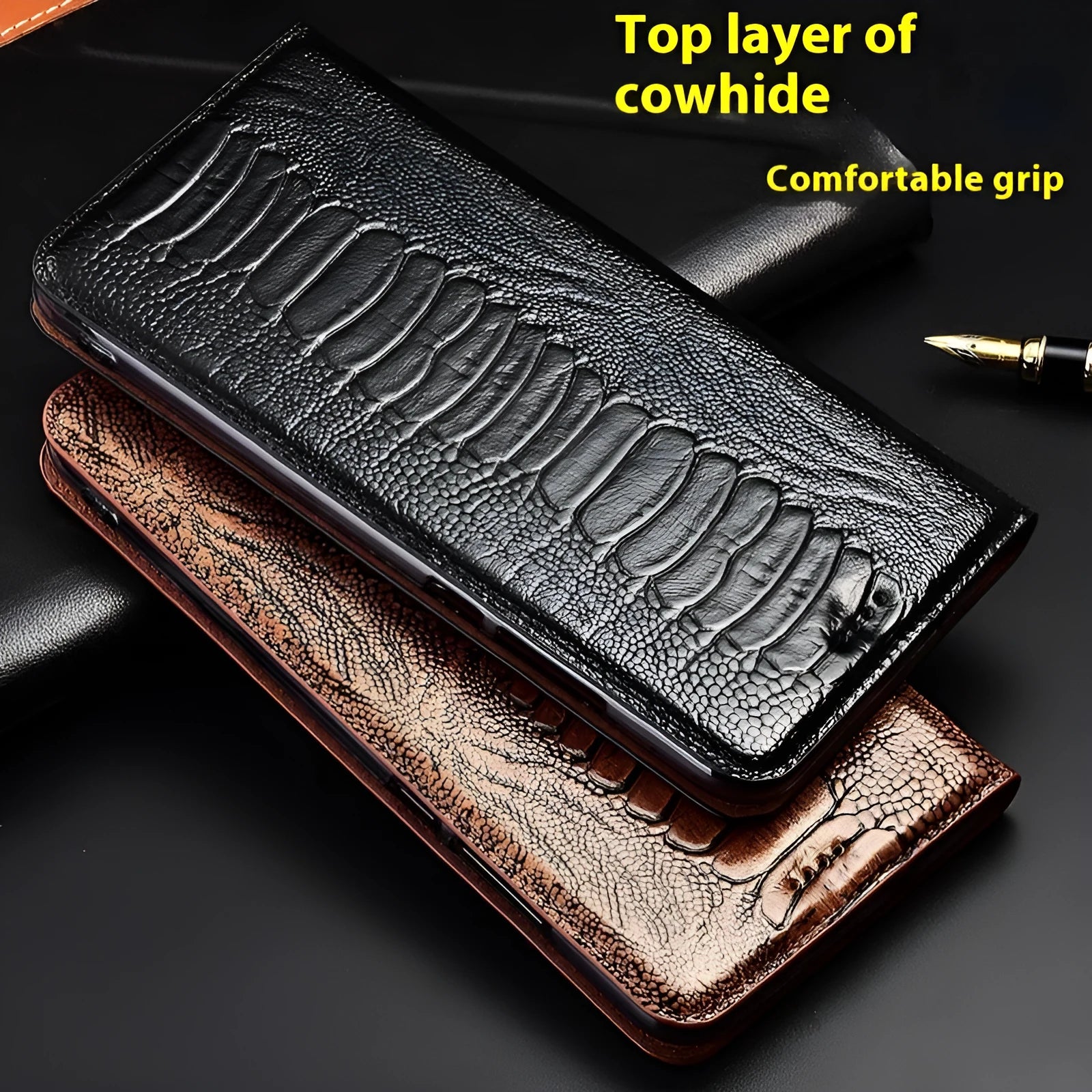 Genuine leather flip phone case for iPhone with embossed texture and magnetic closure
