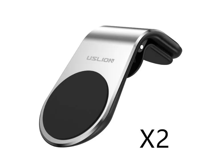 Car phone bracket mounted on vehicle air vent in silver finish showing rotation adjustment