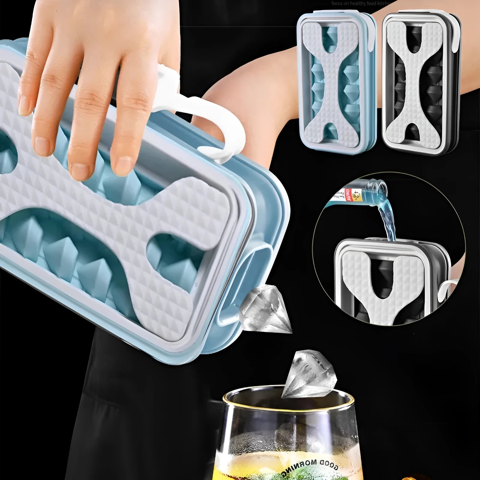 Portable silicone ice ball mould and water bottle with diamond curling design in light grey colour