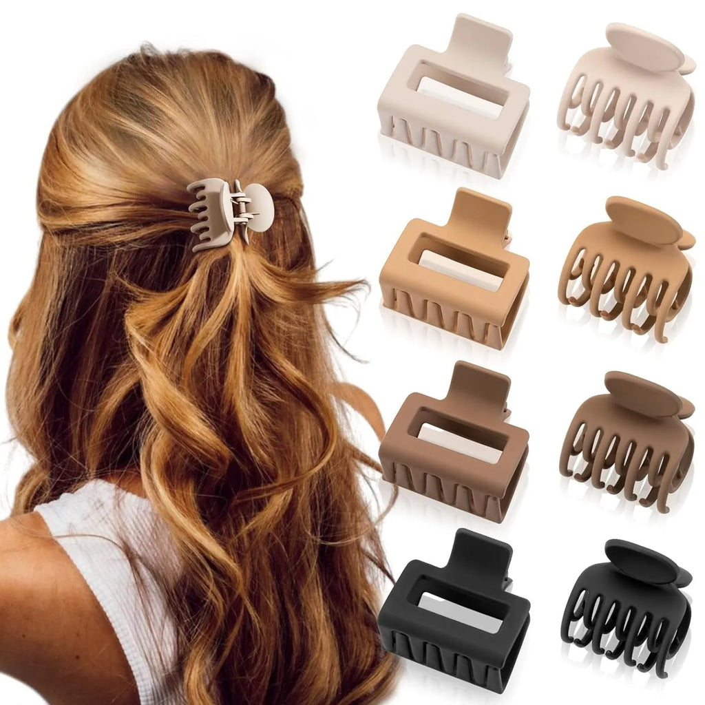 Six rose red plastic hair clips with frosted grip and pointed toe design arranged on white background