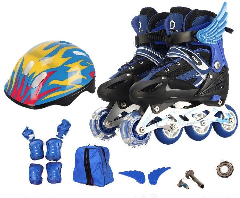 Children's adjustable roller skates in multiple colours with helmet and protective gear set.