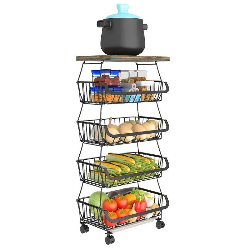Black six-tier free-standing foldable kitchen storage trolley with metal frame