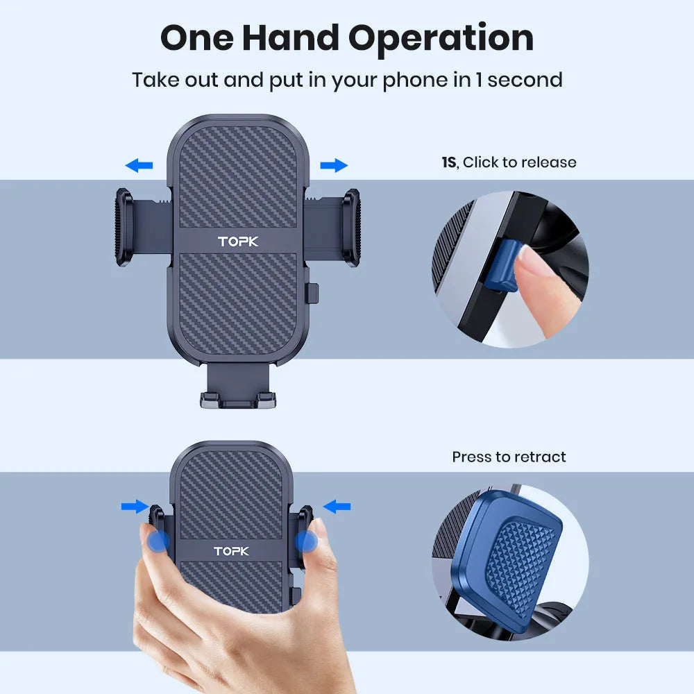 TOPKD46 universal car phone holder with suction cup mount showing multiple bracket styles