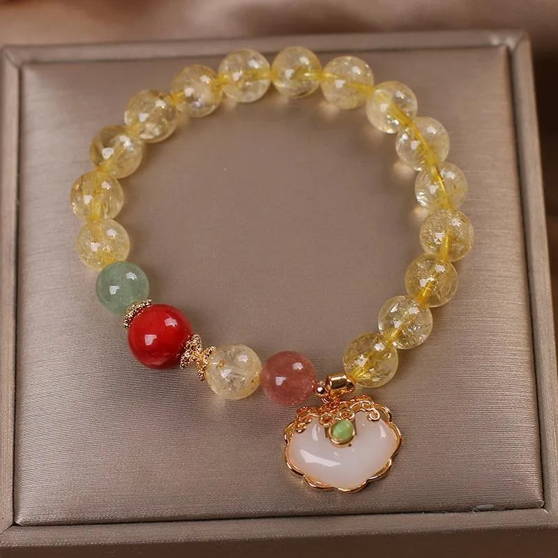Natural citrine jade Ruyi pendant bracelet for women with yellow hair crystal patterns on alloy chain