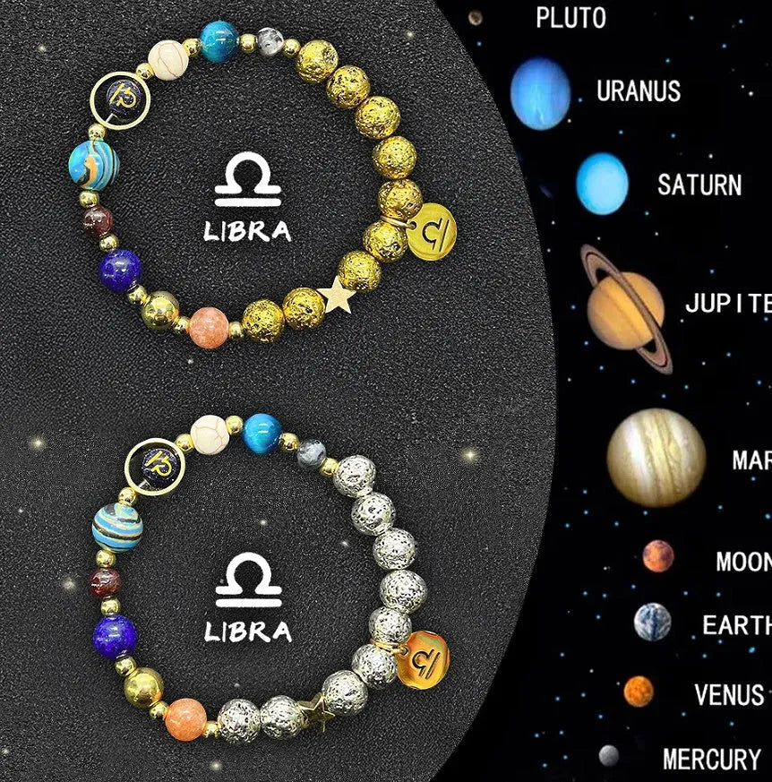 Two natural stone beaded bracelets with adjustable strings, representing a zodiac sign jewellery set.