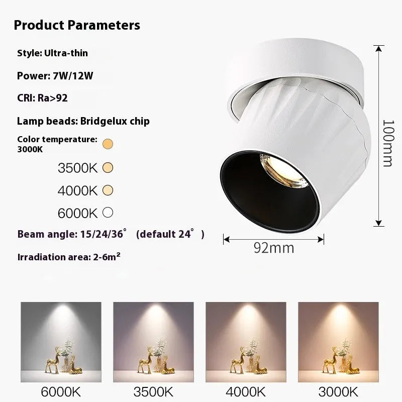 Surface mounted adjustable LED ceiling spotlight with aluminium shell, 7W or 12W, black or white finish