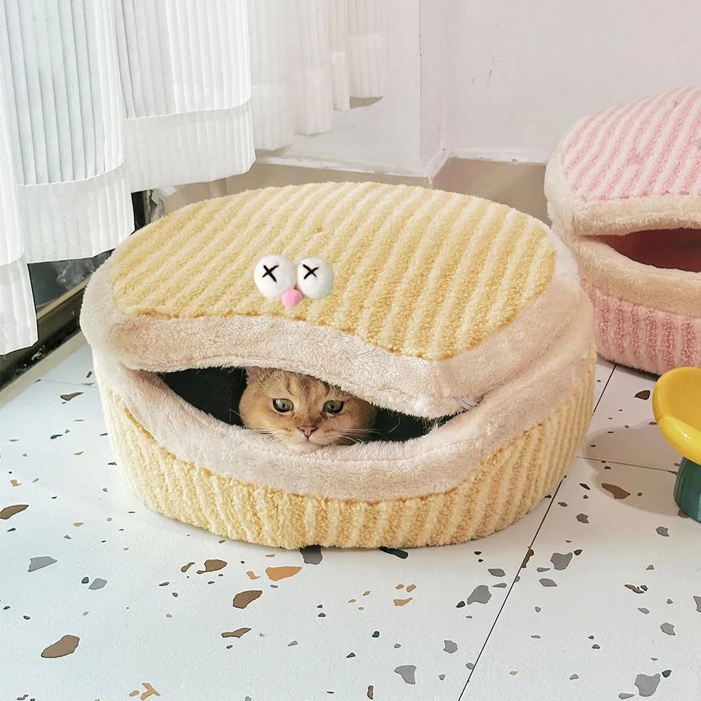 Causeway Braised Sandwich Cat Nest, warm velvet cat bed, 45cm diameter, pink colour, removable lid