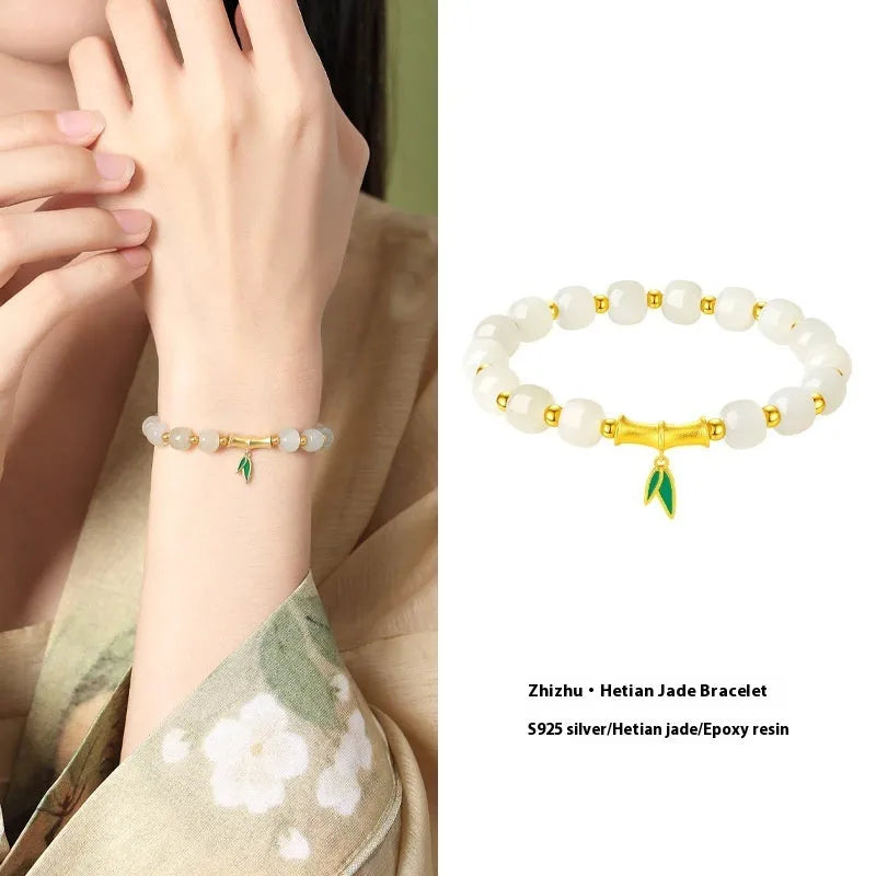 6mm Hetian jade bracelet with bamboo leaf design and 925 silver components
