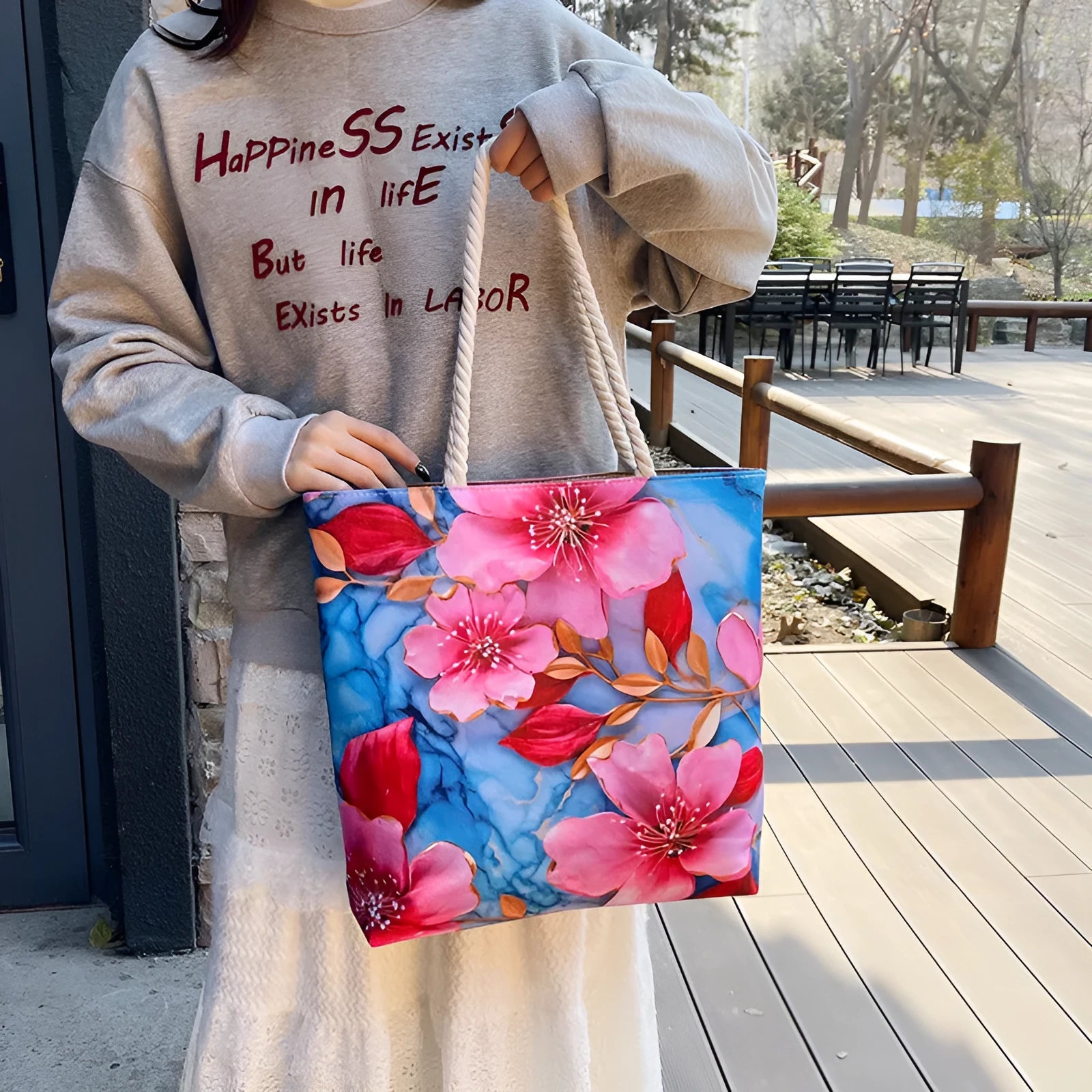 Cotton linen canvas shoulder bag with double straps and open front pocket