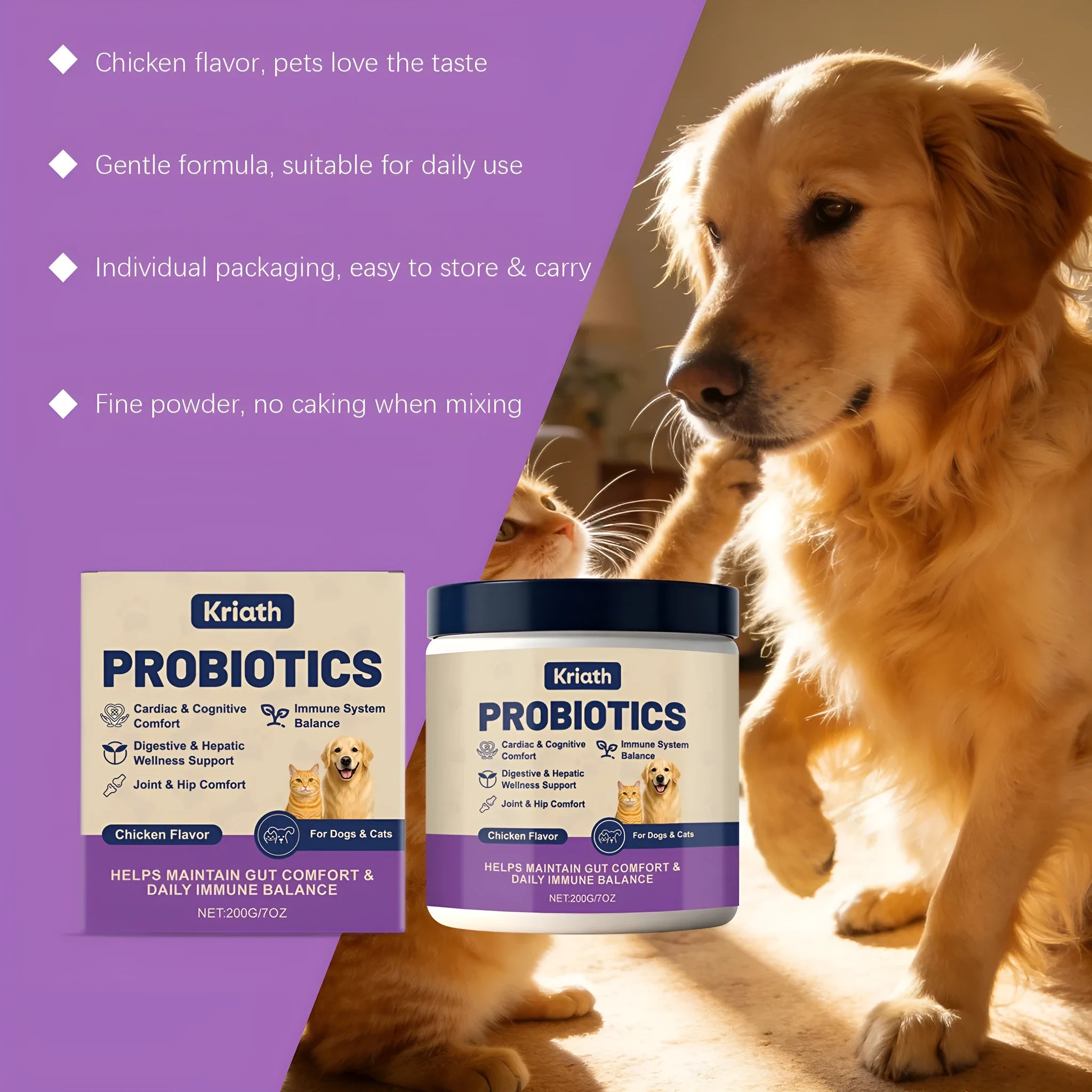 Pet probiotic powder container 200g chicken flavour with Bacillus subtilis and FOS for digestive care