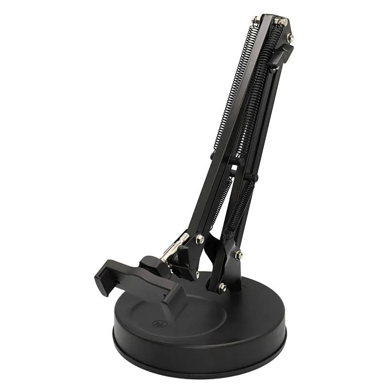 Desktop adjustable mobile live streaming photography stand with cantilever arm in silver and black ABS metal finish