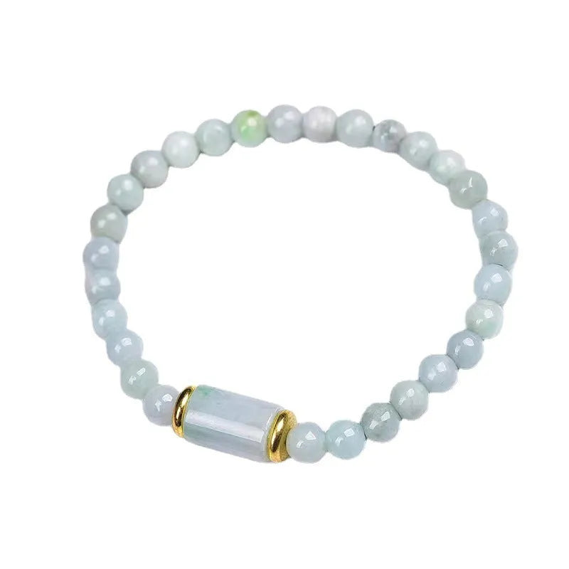 Natural Myanmar jade stone bracelet with round ice jade beads in emerald colour, ethnic geometric design