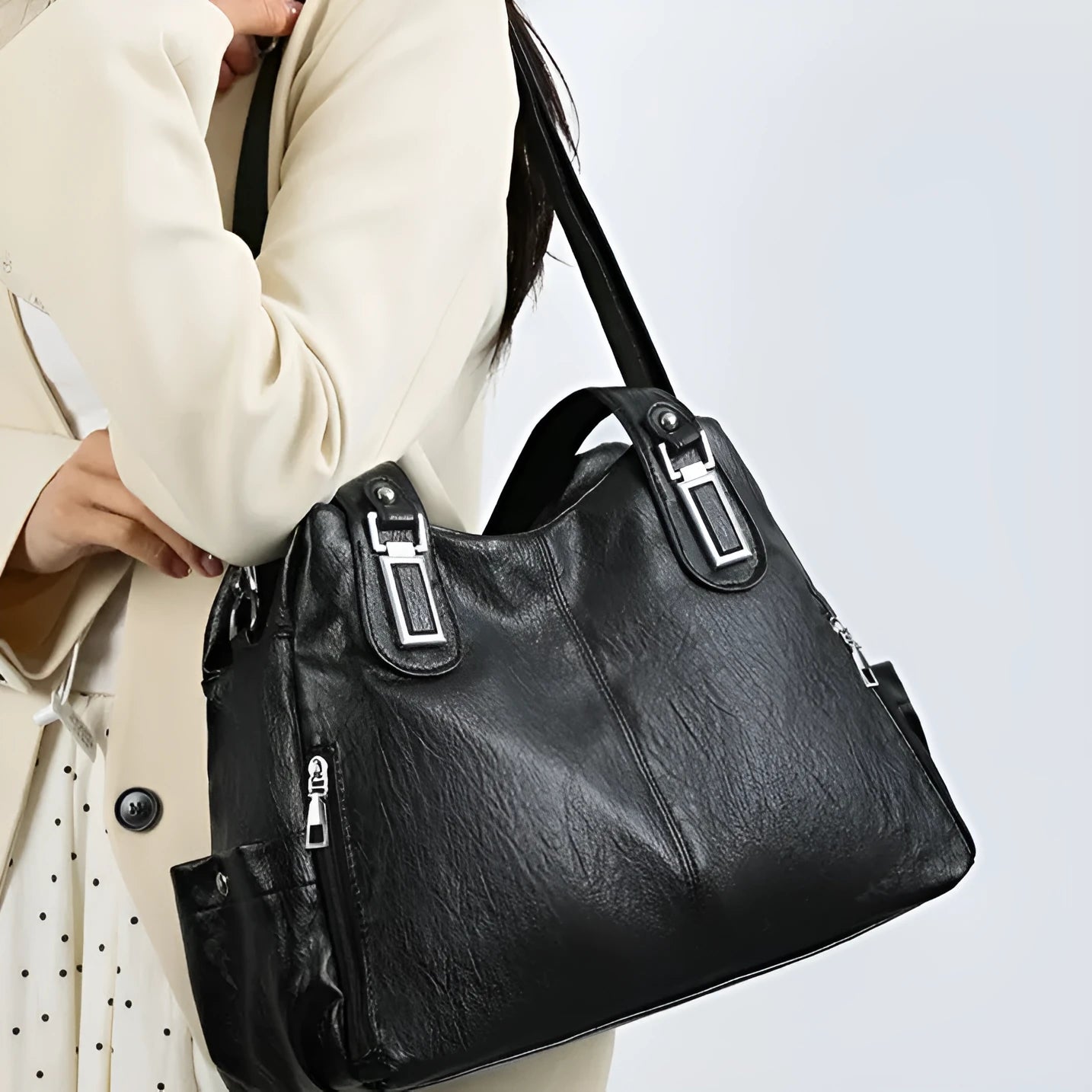 Soft PU leather women's tote bag in a square-vertical shape with a single shoulder strap.