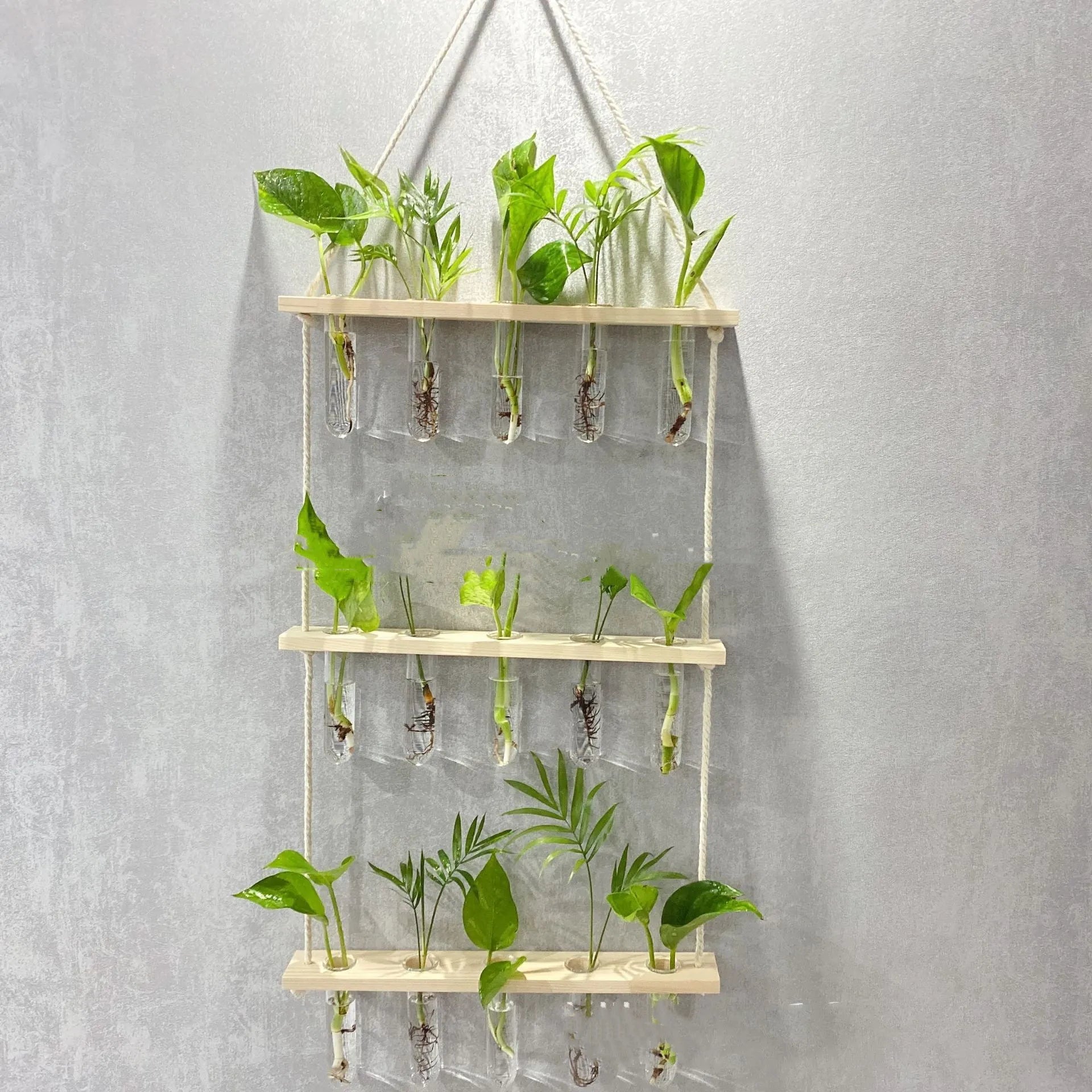 Three-layer 15-tube hydroponic wall hanging vase in retro colour with borosilicate glass and wooden frame