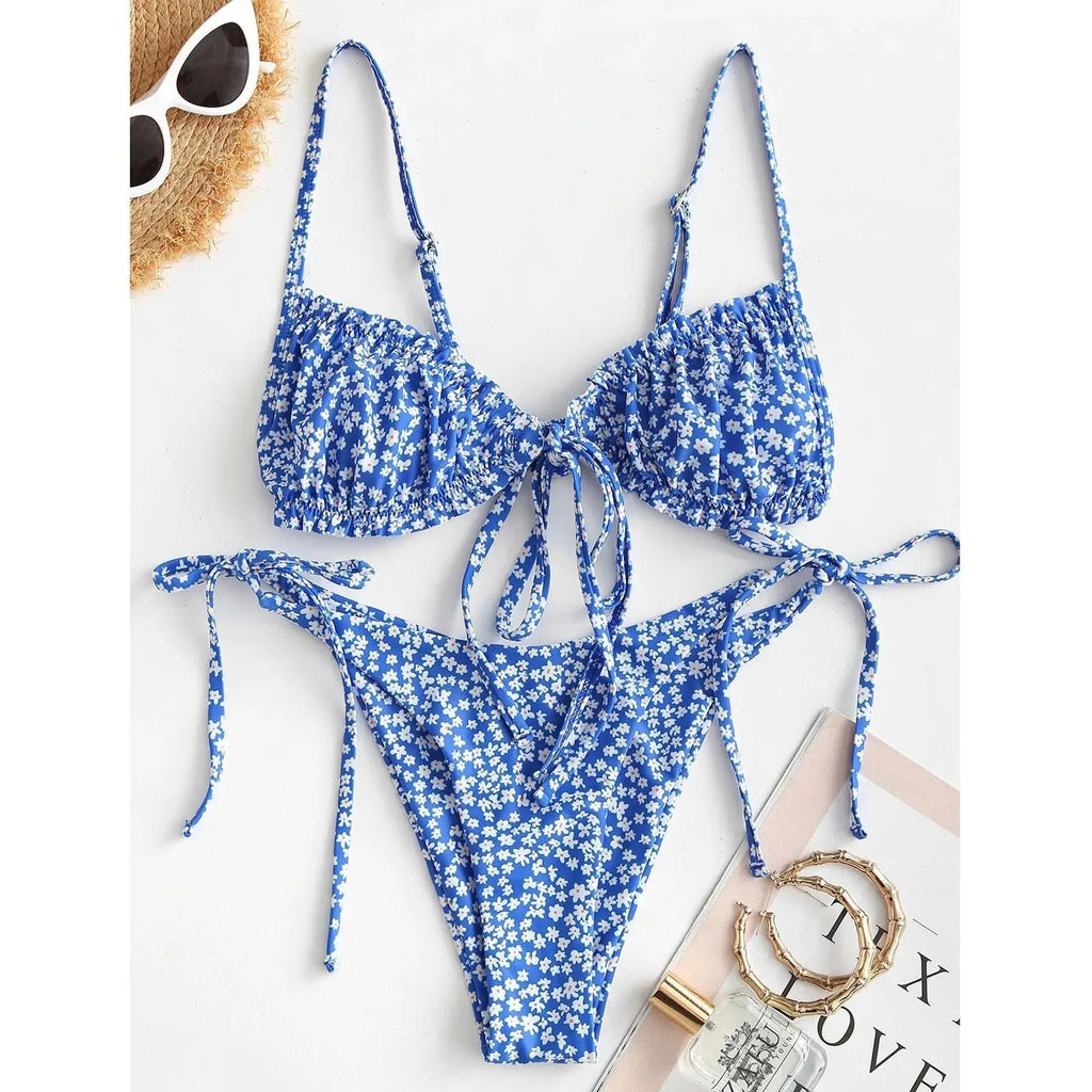 Blue and pink women's printed multi-rope banded bikini swimsuit with pullover style