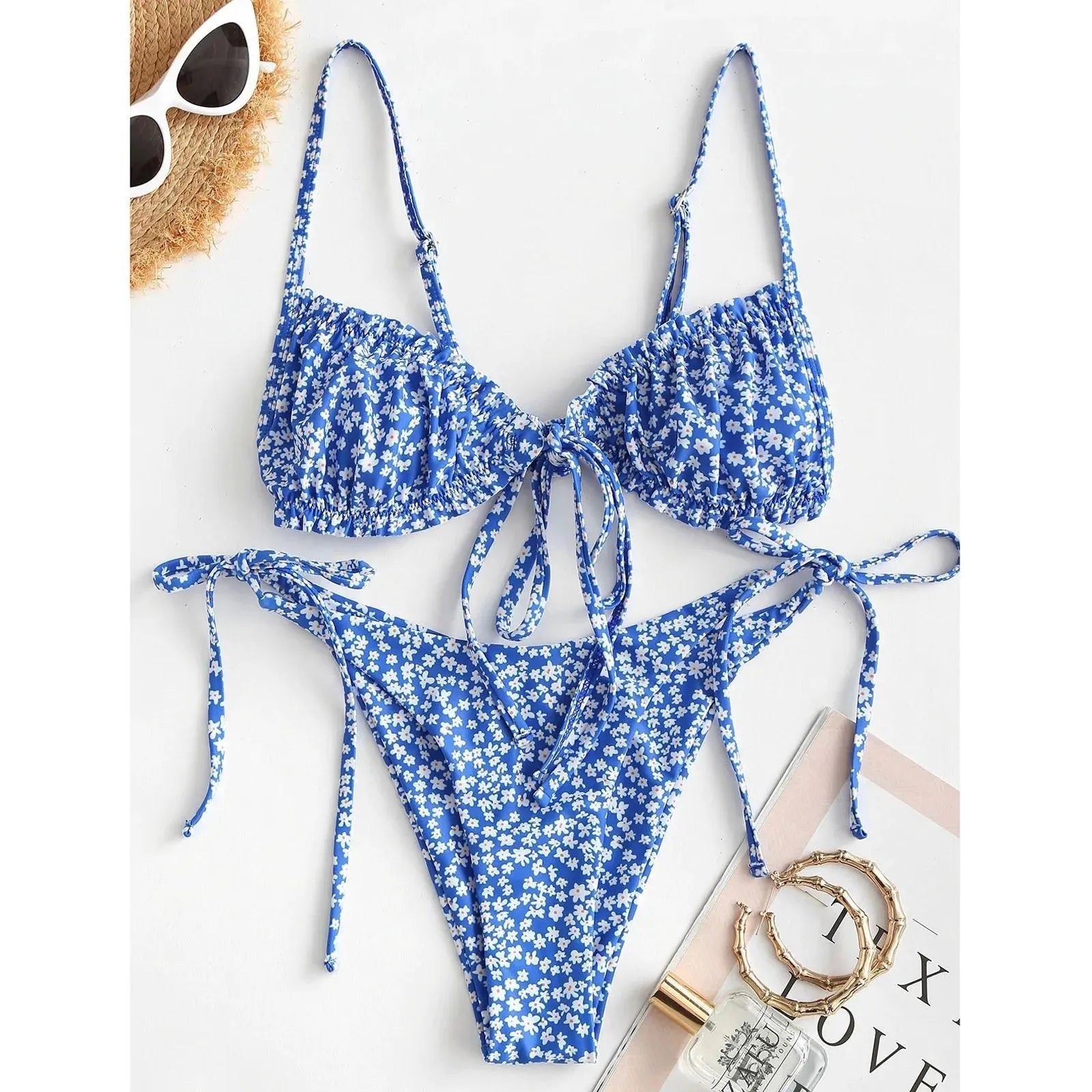 Blue and pink women's printed multi-rope banded bikini swimsuit with pullover style