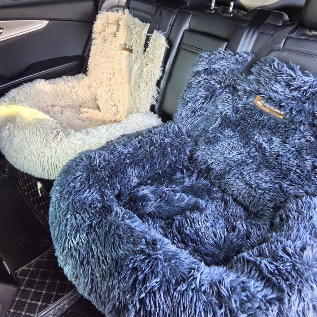 Dark grey thickened cloth pet mat placed on a car seat, showing its size and soft texture.