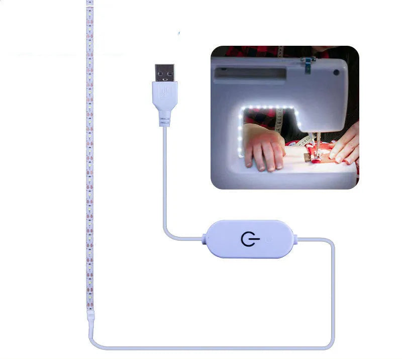 5 metre long flexible USB LED light strip showing touch control and bright white illumination