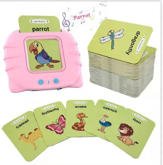 Blue children's learning machine with audiobook cards for English early education.