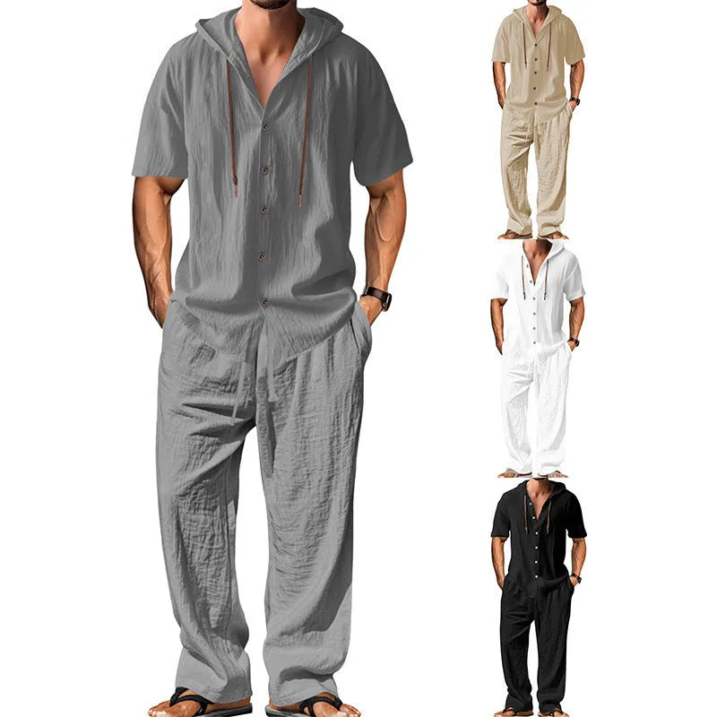 Men's cotton casual sports suit in black with long sleeves and full-length trousers