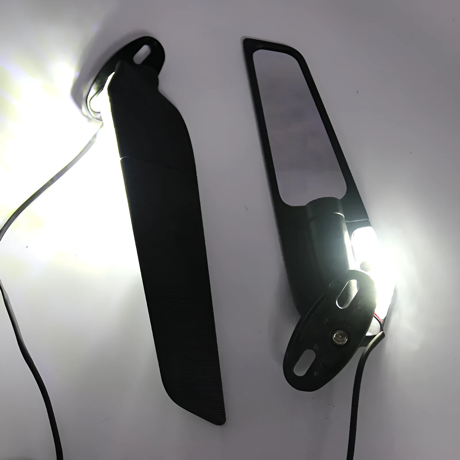 Pair of yellow SH-620-5 aluminium alloy motorcycle mirror spoilers with convex glass and integrated running lights