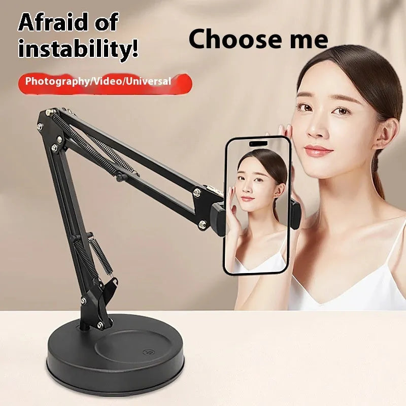 Desktop adjustable mobile live streaming photography stand with cantilever arm in silver and black ABS metal finish