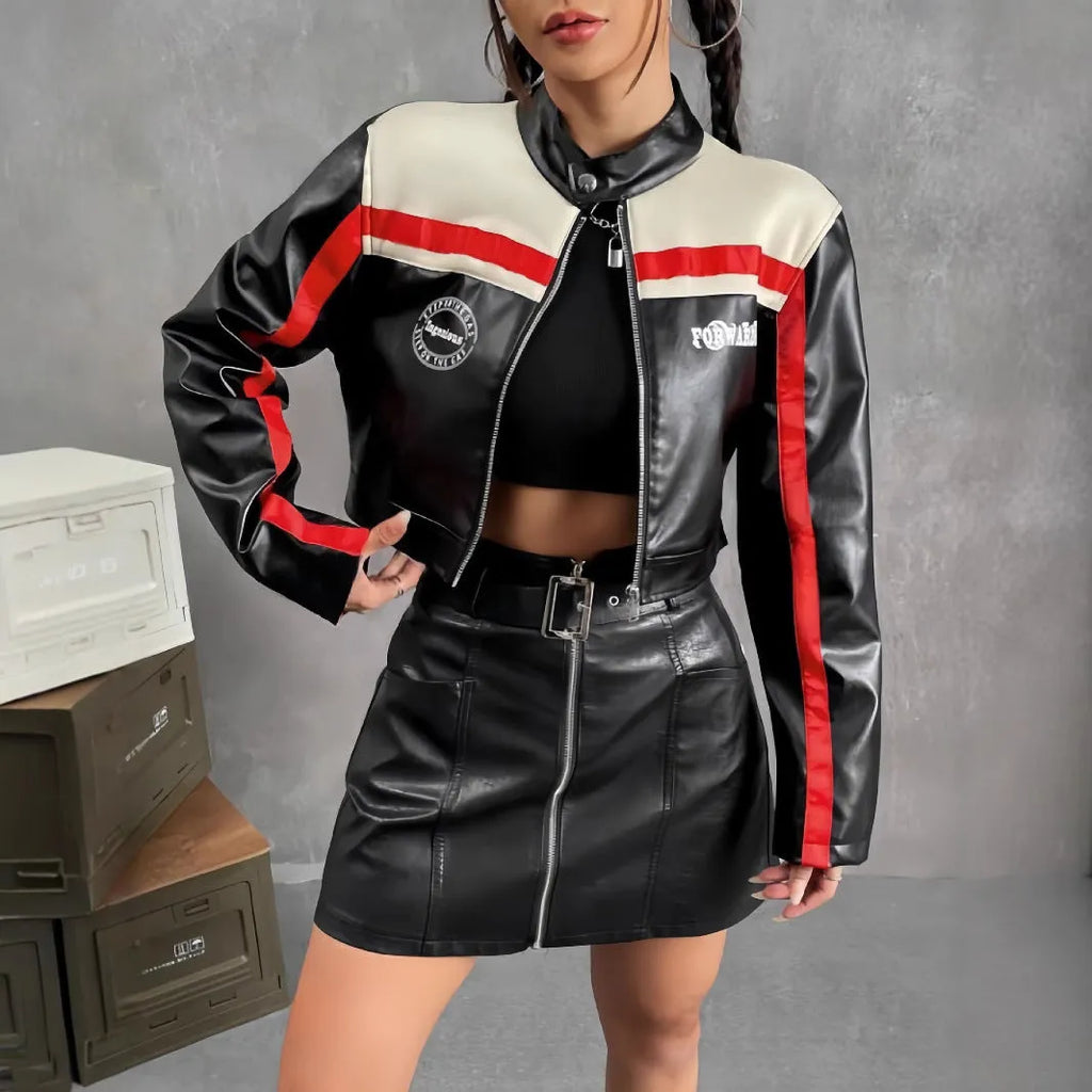 Women's striped zipper coat short street style long sleeve jacket black red colour