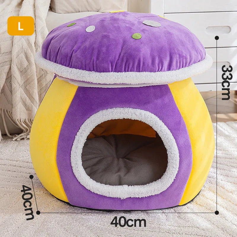 Grey plush mushroom-shaped cat bed with a high, padded rim and a cat curled up inside.