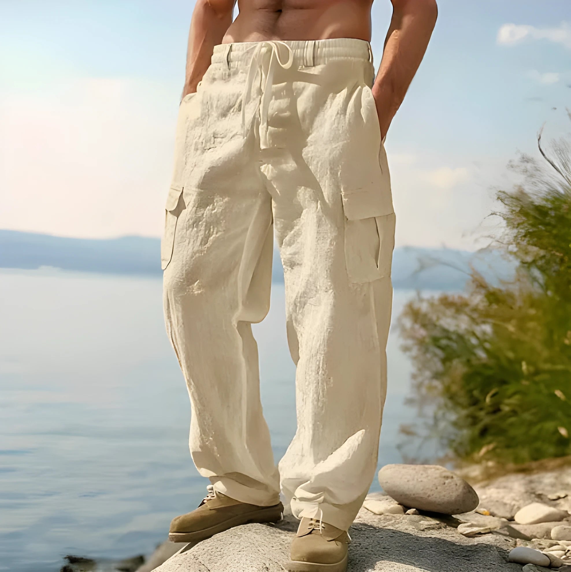 Men's solid colour wide-leg casual trousers with an elastic waistband in light army green