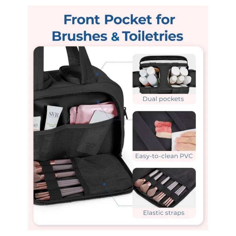Large fluffy polyester travel toiletry bag in multiple colours, shown open to reveal soft interior.