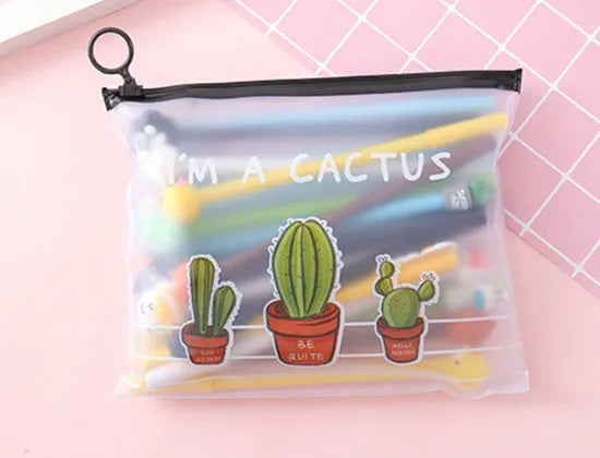 Marvel cactus cartoon design plastic pen case open to show twenty black gel pens with 0.5mm tips.