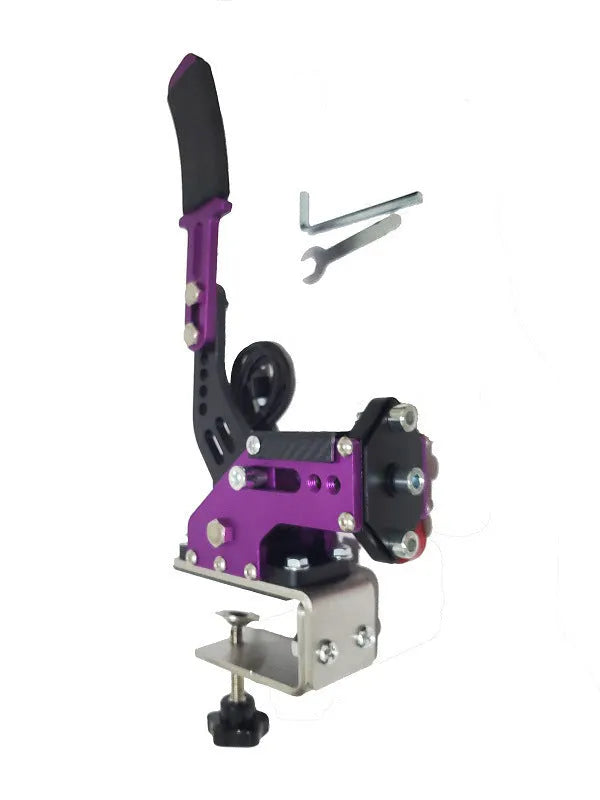 Black USB handbrake controller for PC racing games with aluminium body and desk clamp.