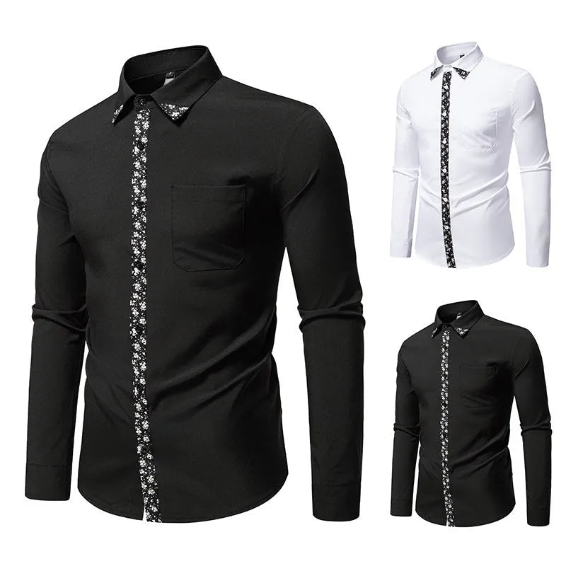 Men's black colour block long sleeve slim fit cardigan shirt in polyester