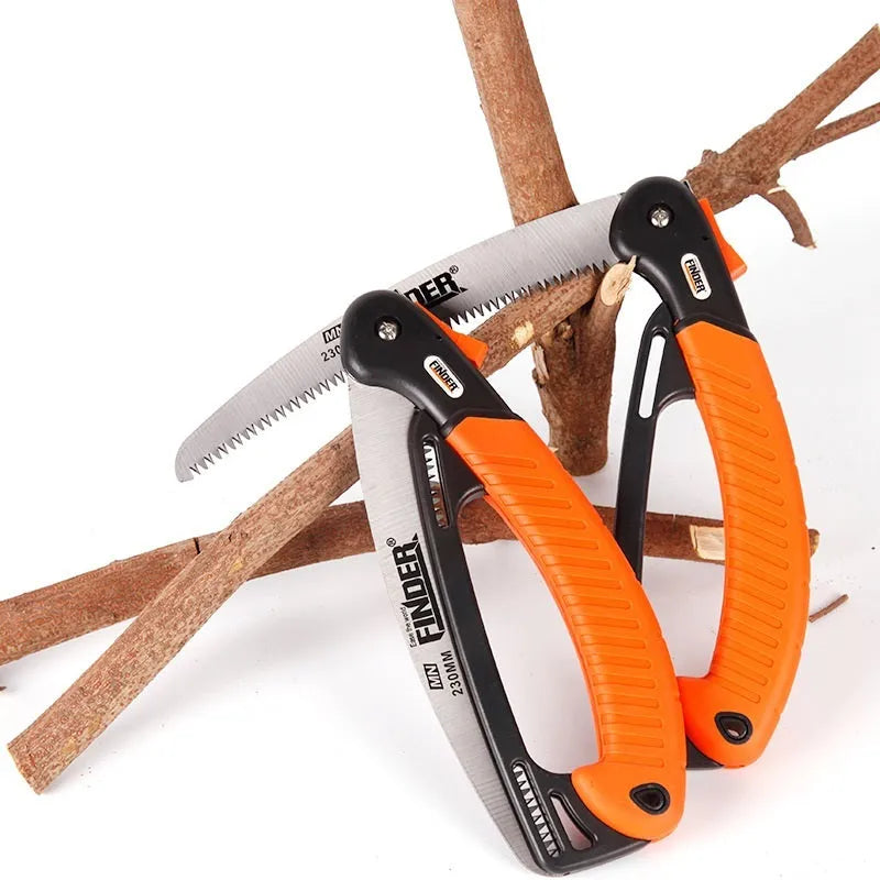 A closed and open view of a folding hand saw with a black TPR grip and a silver 65MN steel blade.