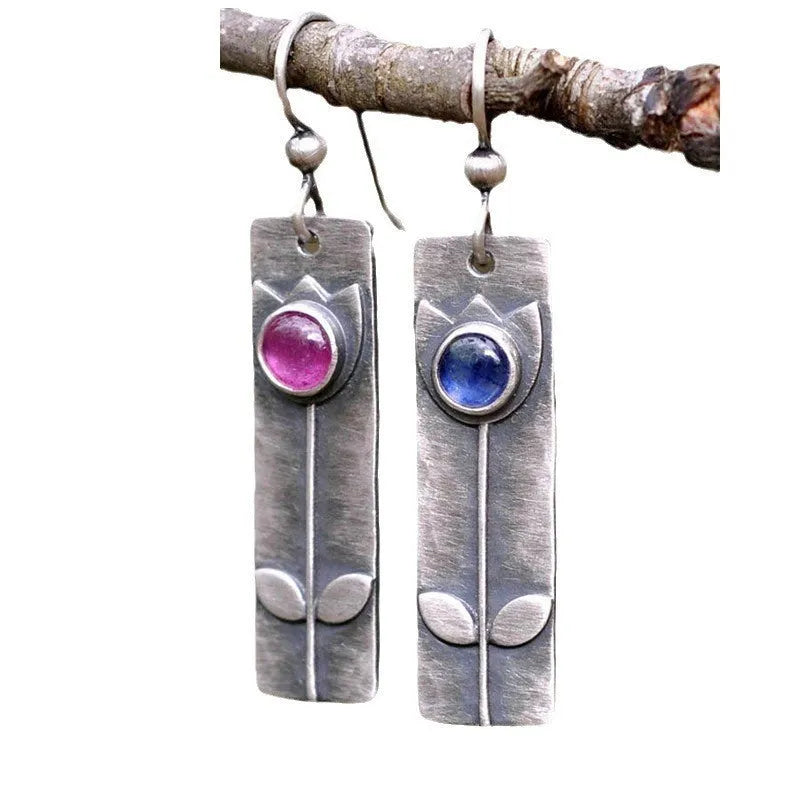 Antique finish red sapphire geometric earrings with ellipse design elements for women