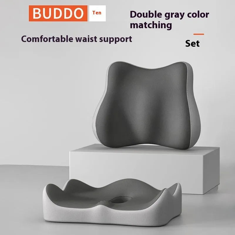 A grey and blue memory foam seat cushion for waist and tailbone support on an office chair.