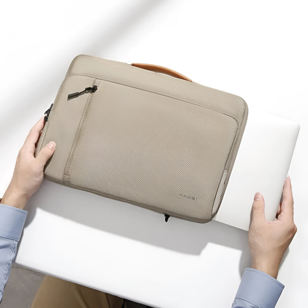 14 inch nylon laptop sleeve with silk cloth lining, seismic protection, shown in khaki, pink, blue, and black