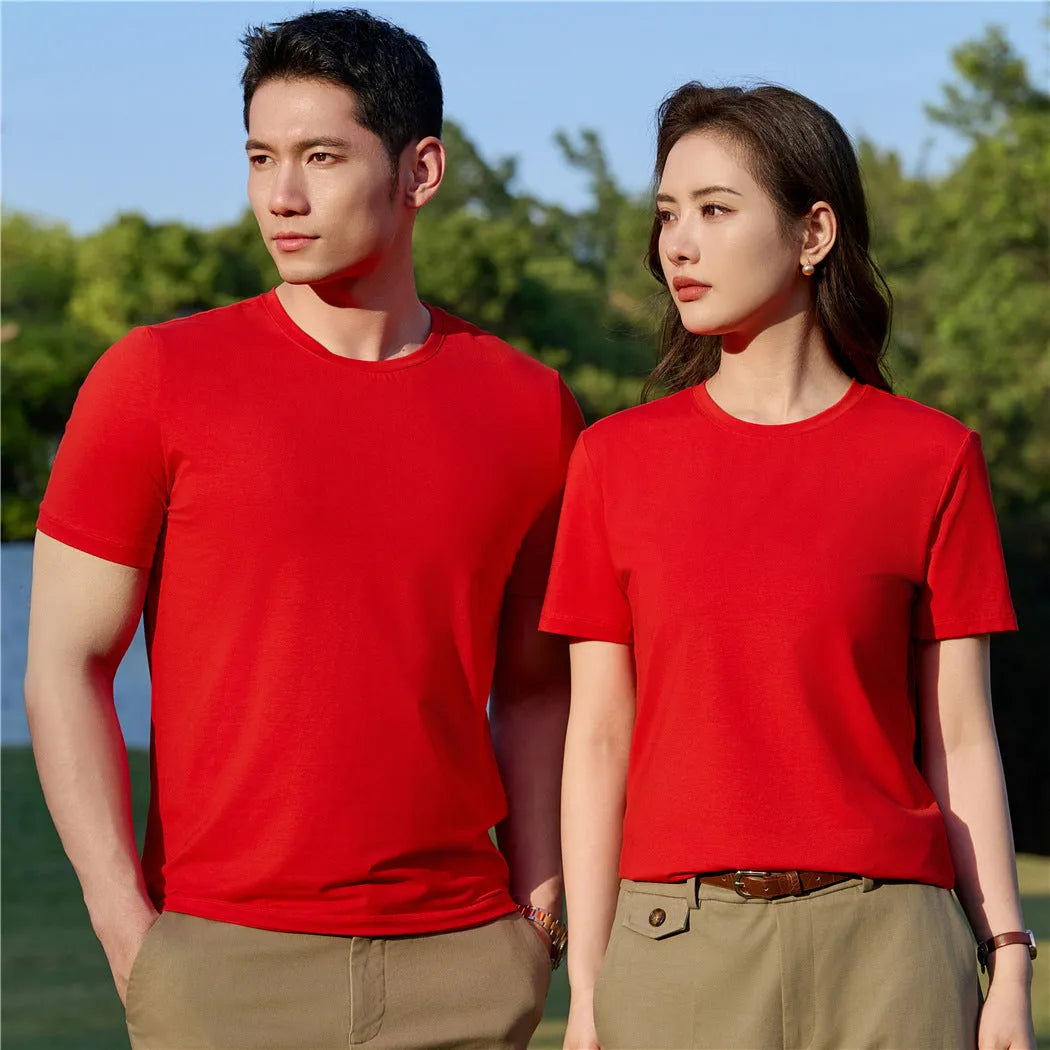 Mercerised plain weave modal short-sleeve round neck top in solid colour, pullover style