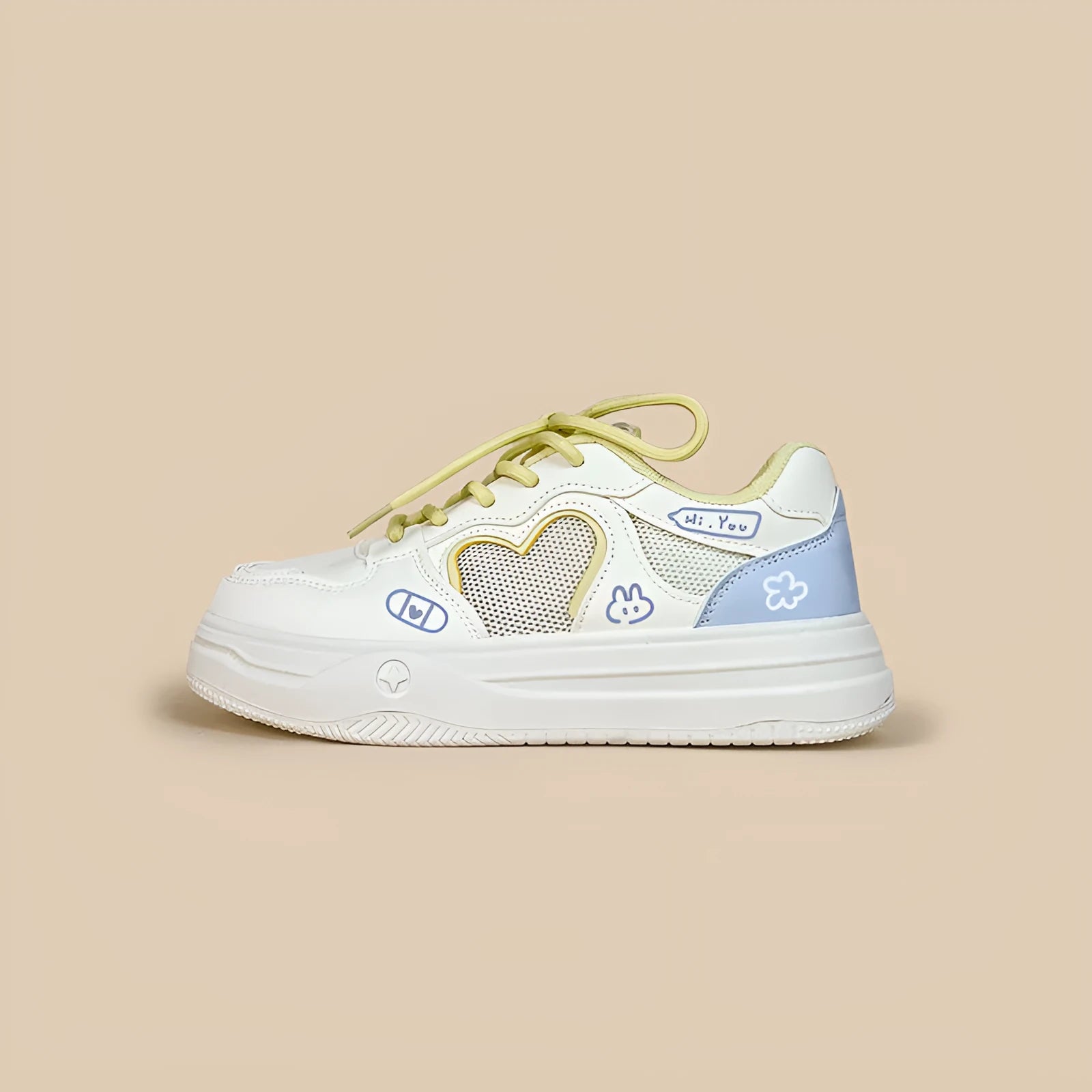 Meow Rabbit Sea Salt Cheese coloured mesh sneakers for children with lace-up closure and cross straps.