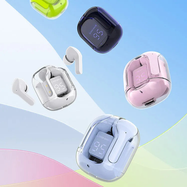 Green LED digital display wireless Bluetooth earbuds with USB-C charging cable and silicone case