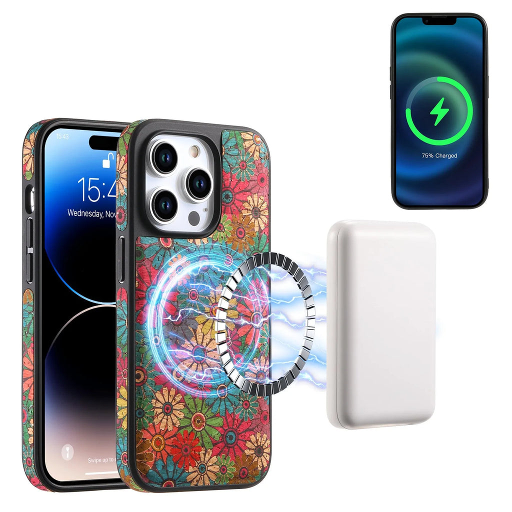 Huanyu cork anti-theft zipper phone case in green with 3D floral rose design for iPhone 17 Pro Max