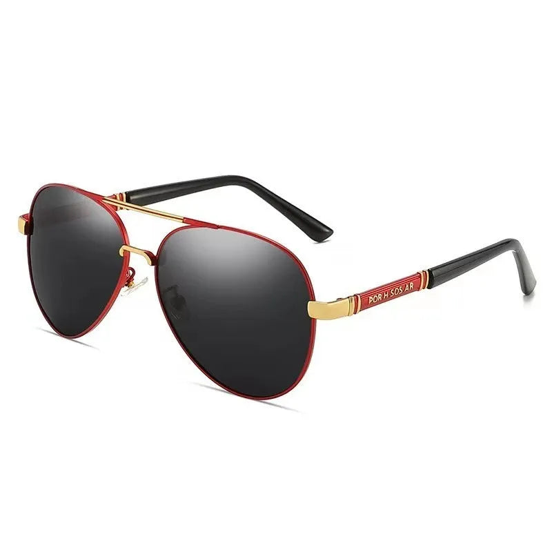 Man wearing gold metal frame polarised sunglasses with dragon decoration and grey lenses.