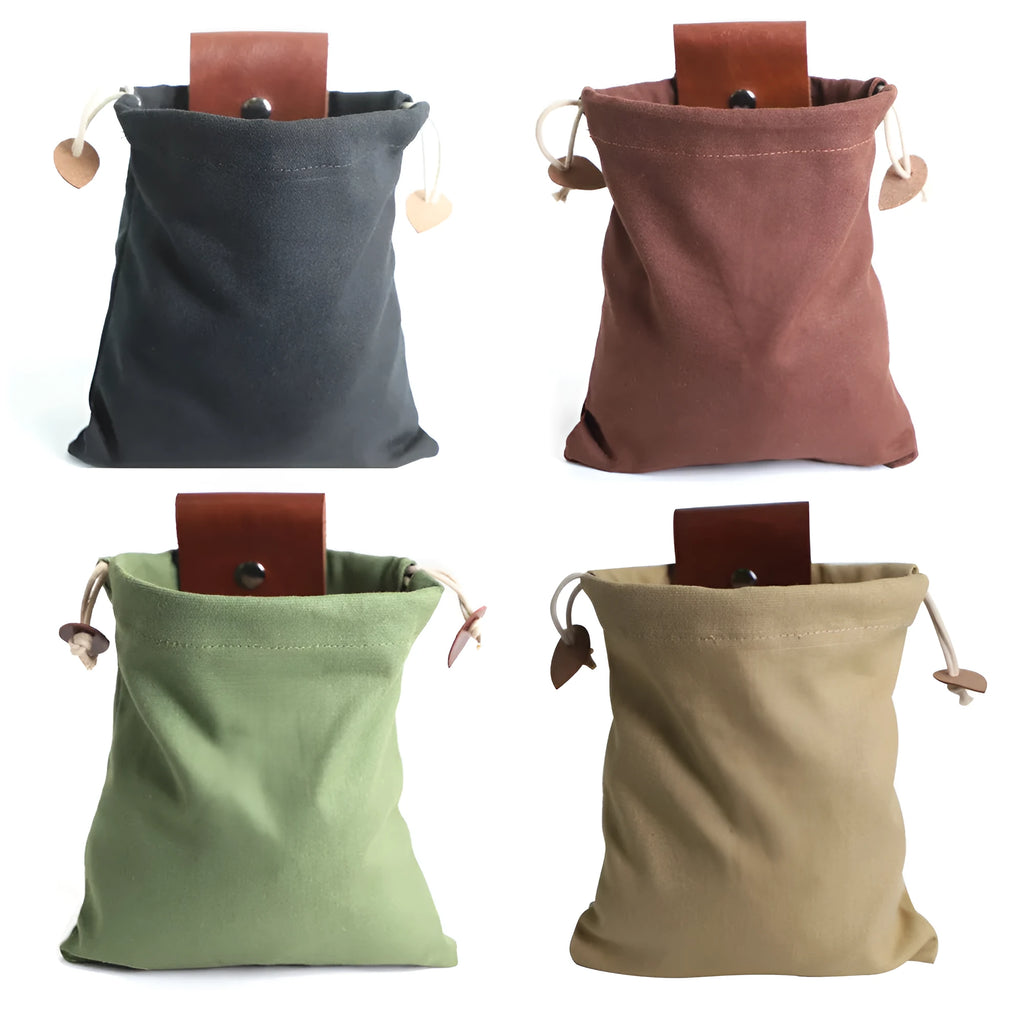 Collapsible leather and canvas foraging bag 22x21cm for mushroom and fruit picking