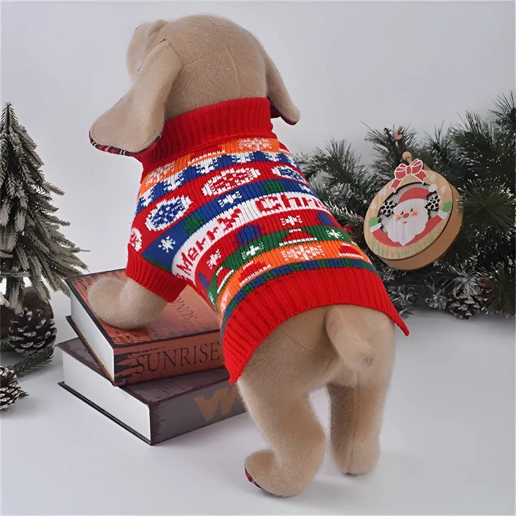 Small dog wearing wool pet sweater with Christmas tree pattern in blue colour, sizes 6 to 16 autumn winter